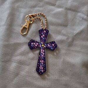 Double Sided Purple and Pink Rhinestone Cross Keychain